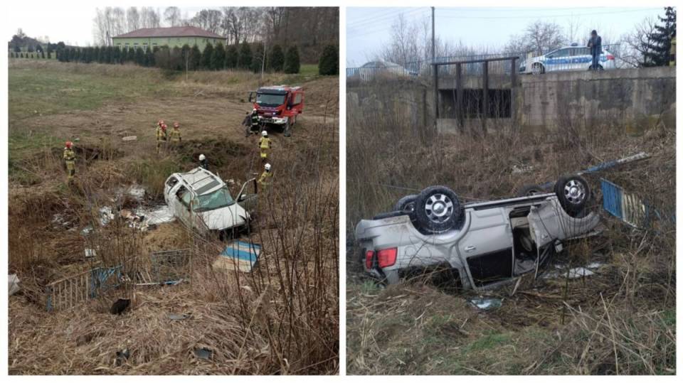 Luksusowym lincolnem w most i do stawu! 72-latek po dachowaniu trafił do szpitala [Foto]